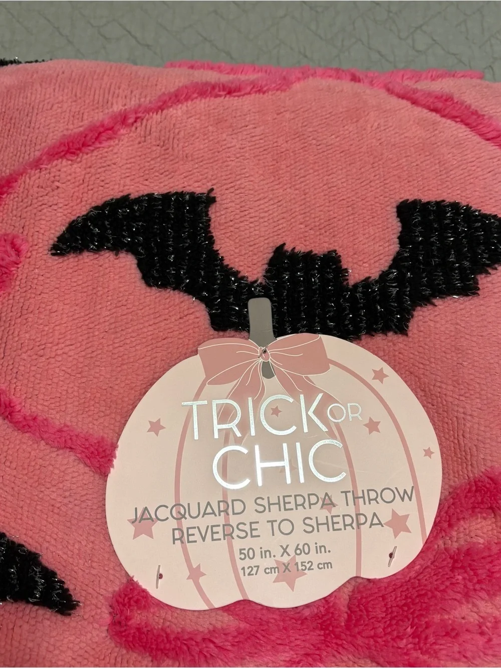 Trick or Chic Pink Bow & Bat Jacquard Sherpa Throw Blanket